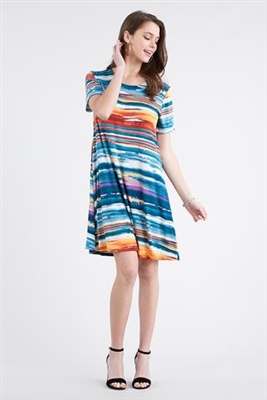 Short sleeve short dress - blue/rust stripe print  - polyester/spandex