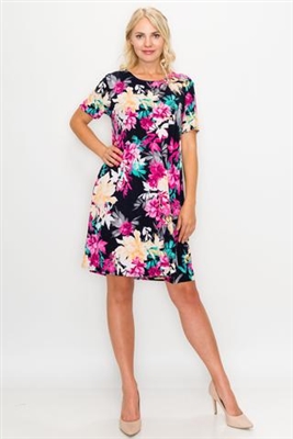 Short sleeve short dress - black with pink/yellow flowers - polyester/spandex