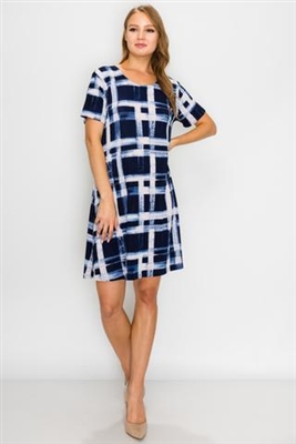 Short sleeve short dress - navy/white checkered - polyester/spandex