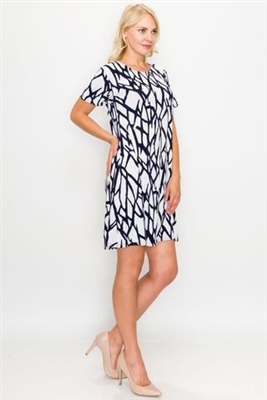 Short sleeve short dress - navy print on white - polyester/spandex