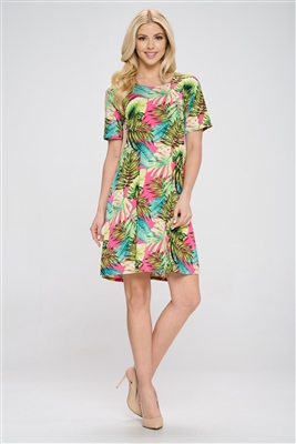 Short sleeve short dress - tropical leaf print  - polyester/spandex