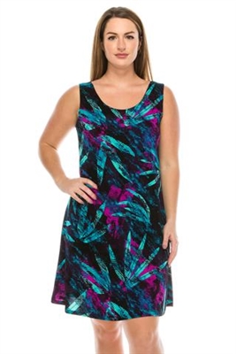 Short tank dress - turquoise/purple leaves - polyester/spandex