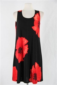 Knee length tank dress - red big flower -  polyester/spandex