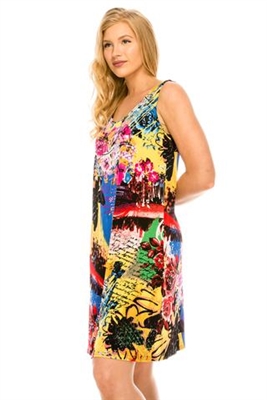 Short tank dress - yellow multi print - polyester/spandex