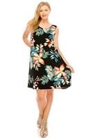 Knee length tank dress - black/tropical flowers - polyester/spandex