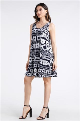 Knee length tank dress - navy/white print -  polyester/spandex