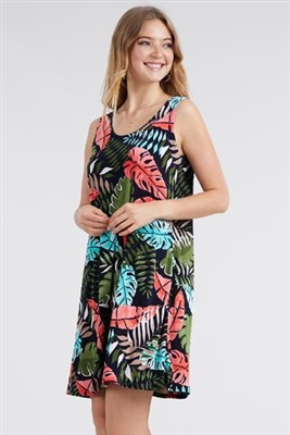Knee length tank dress - olive/coral palms - polyester/spandex