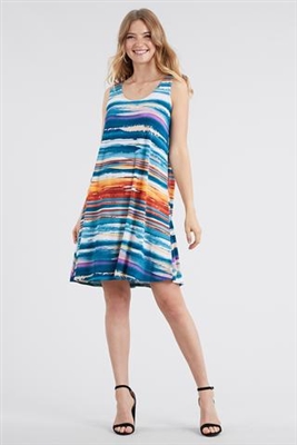 Knee length tank dress - blue/rust stripes - polyester/spandex