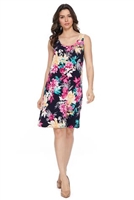 Knee length tank dress - black with pink/yellow flowers -  polyester/spandex
