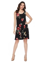 Knee length tank dress - black with red flowers -  polyester/spandex