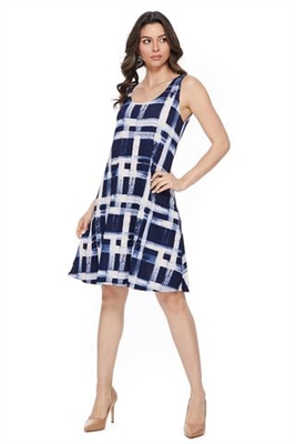 Knee length tank dress - navy/white checkered print  -  polyester/spandex