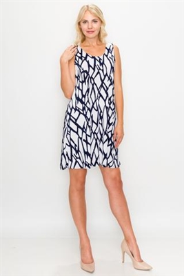 Knee length tank dress - navy print on white -  polyester/spandex