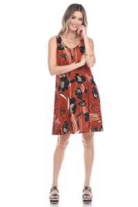 Knee length tank dress - rust/black print - polyester/spandex