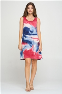 Knee length tank dress - red white blue swirl -  polyester/spandex