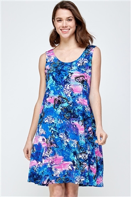 Knee length tank dress - purple print with butterflies -  polyester/spandex