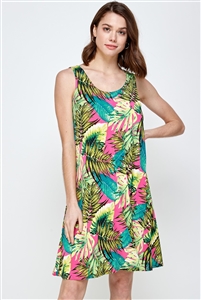 Short tank dress - tropical leaf print -  polyester/spandex