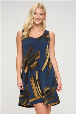 Short tank dress - navy with gold print -  polyester/spandex