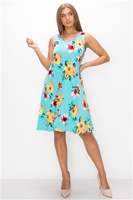 Short tank dress - aqua with yellow flowers -  polyester/spandex