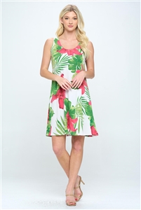 Short tank dress - green palms with pink hibiscus -  polyester/spandex