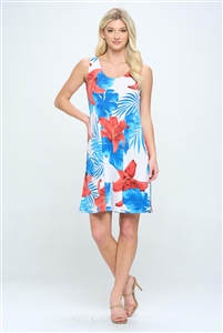 Knee length tank dress - blue palms with red hibiscus -  polyester/spandex