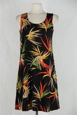 Knee length tank dress - black with colorful leaves -  polyester/spandex