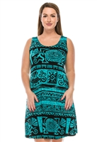 Knee length tank dress - blue/black Aztec -  polyester/spandex