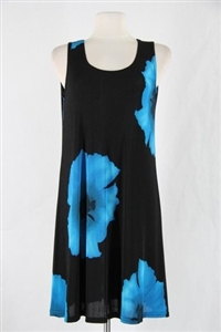 Knee length tank dress - blue big flower -  polyester/spandex