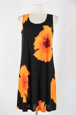 Knee length tank dress - orange big flower -  polyester/spandex