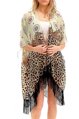 Kimono style fringe jacket - leopard