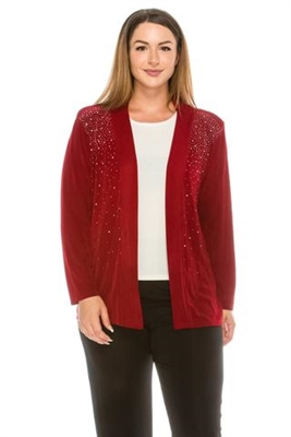 long sleeve jacket in cranberry with rhinestones - acetate/spandex