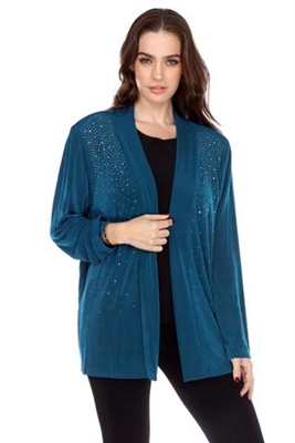 long sleeve jacket in teal with rhinestones - acetate/spandex