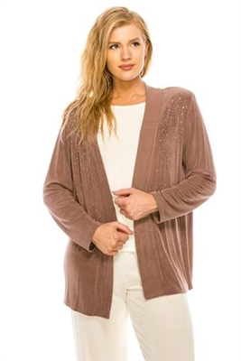 long sleeve jacket in taupe with rhinestones - acetate/spandex