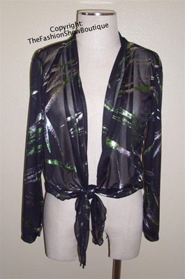Long sleeve sheer shrug - black with green/silver print - polyester/spandex