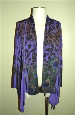 Mid-cut long sleeve jacket - purple/black peacock print with rhinestones - polyester/spandex