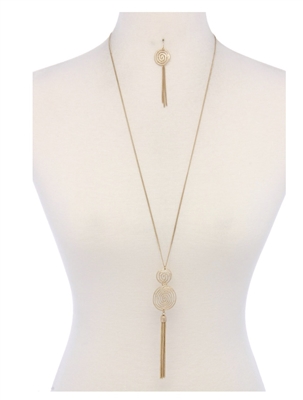 Necklace and earrings - gold double circle tassel pendant