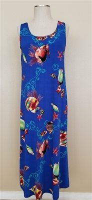 Long tank dress - royal blue with fish - polyester/spandex