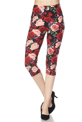 Capri leggings -  red & pink roses