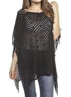 Fringed poncho - pierced diamond design - black