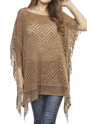 Fringed poncho - pierced diamond design - pale brown