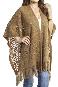 Fringed ruana - patterned - camel