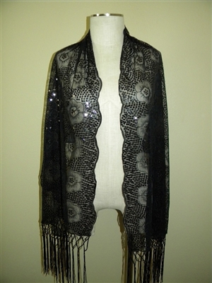 Sequin shawl with fringe - black