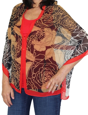 Silky button shawl - black/gold roses with red - polyester