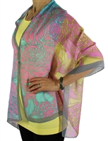 Silky button shawl - pink/yellow/aqua roses with grey - polyester