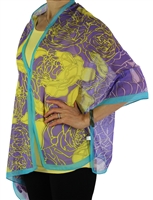 Silky button shawl - purple/lime roses with teal - polyester