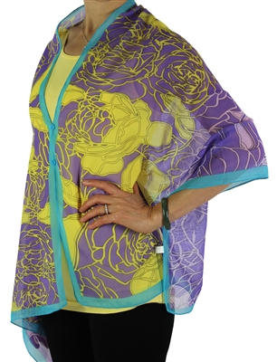 Silky button shawl - purple/lime roses with teal - polyester