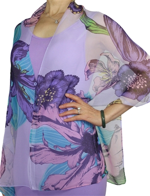 Silky button shawl - purple/lilac flowers - polyester