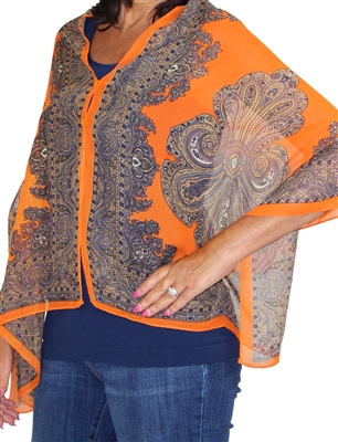 Silky button shawl - paisley border on orange - polyester