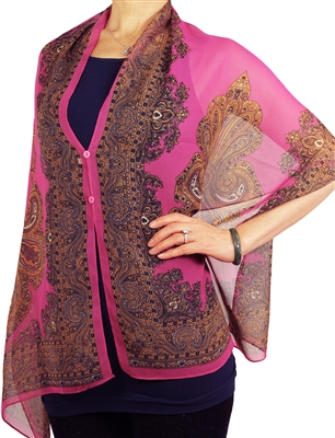 Silky button shawl - paisley border on hot pink - polyester