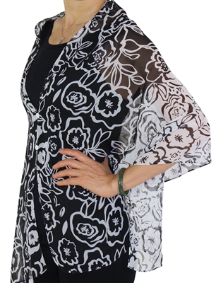 Silky button shawl - white/black flowers - polyester