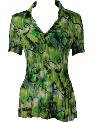 1/2 Sleeve with Collar mini pleat top - Abstract Watercolors Lime-Black